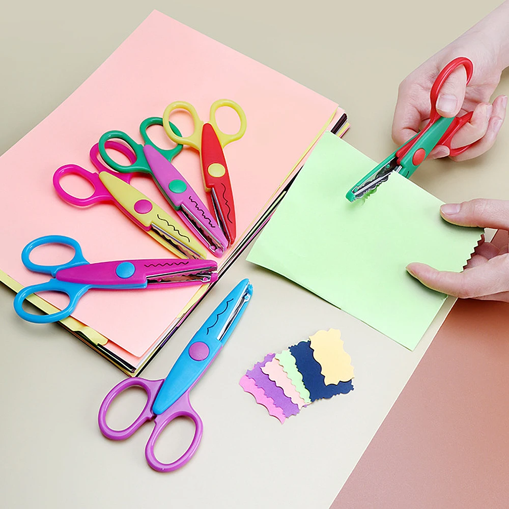 1/6pc 물결 모양 안전 가위 학생용 종이 공예 가위 6가지 절단 패턴 DIY 스크랩북 수제 둥근 머리 가위