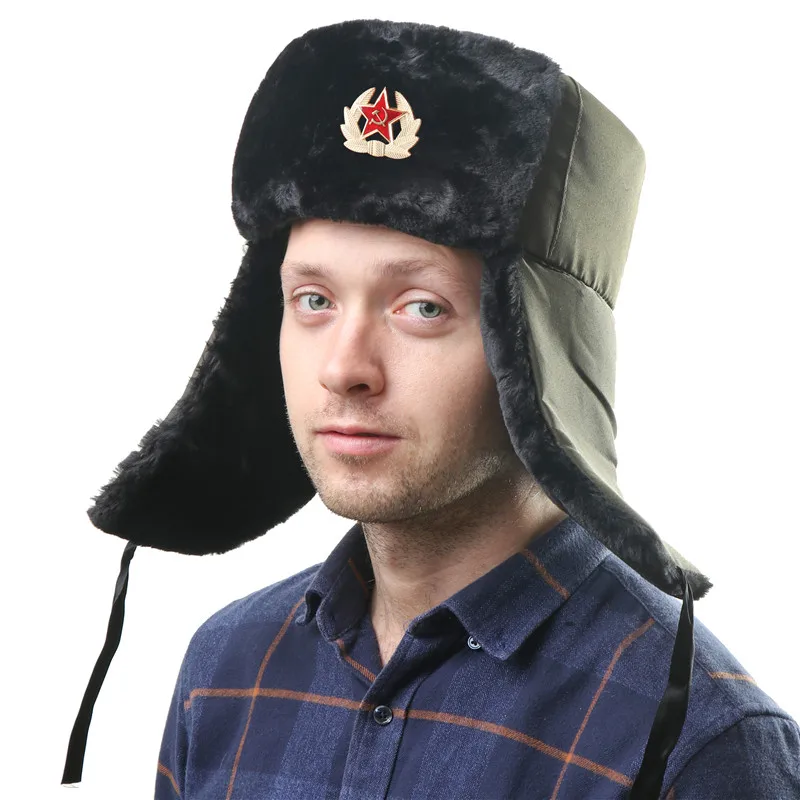 

Soviet Army Military Badge Russia Ushanka Bomber Hats Pilot Trapper trooper Hat Winter Faux Rabbit Fur Earflap Men Snow Caps