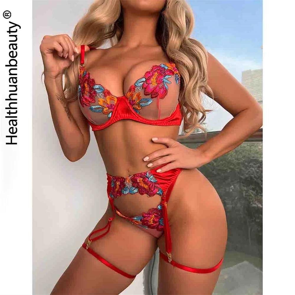 

Healthhuanbeauty Sexy Lingerie Women's Embroidery Big Flower with Steel Ring Bra Garter Leg Girth G-string Pants Fun Underwear