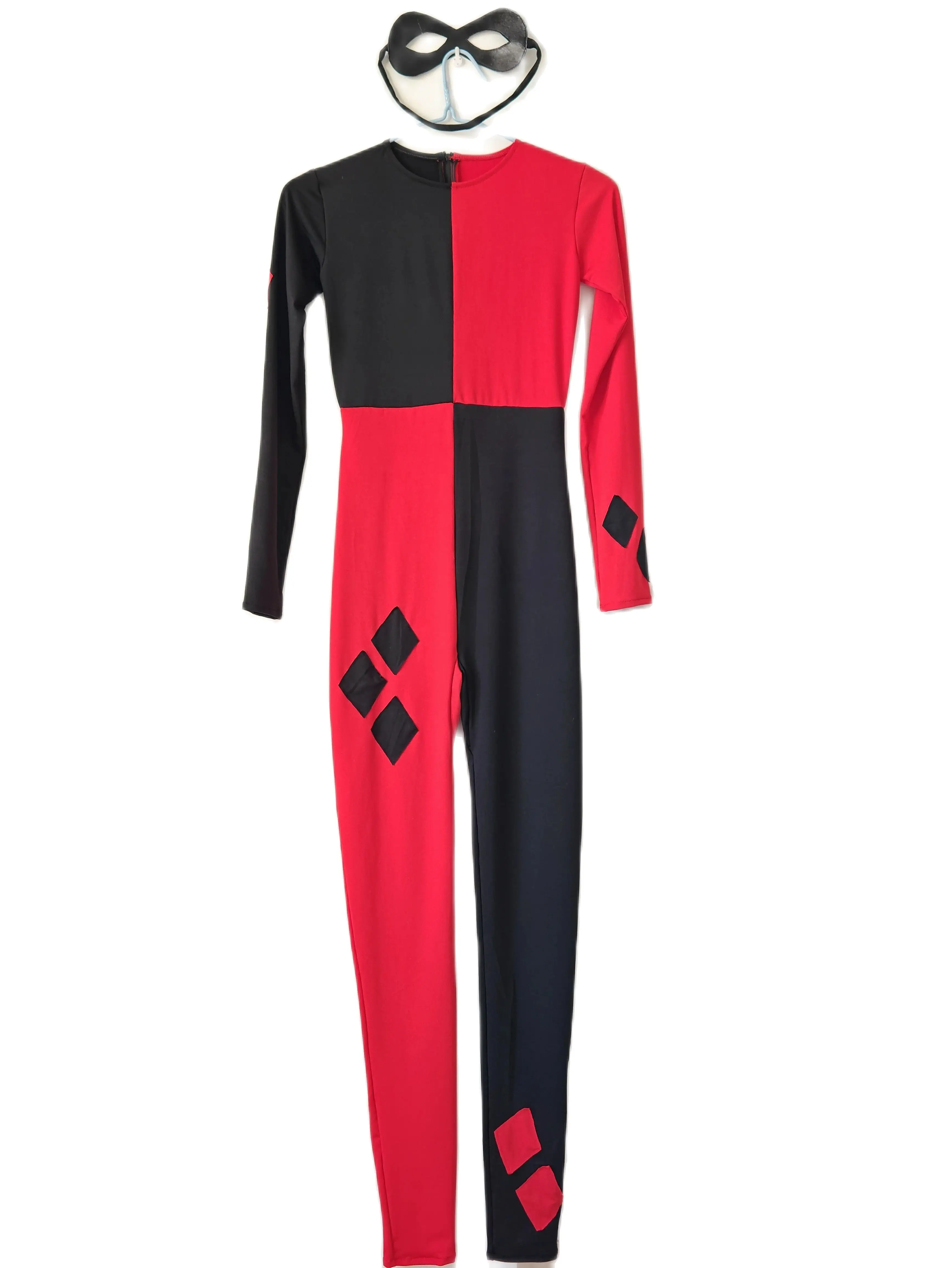 

Clown costumes red&Black color bodysuit women's Sexy lycar Zentai Catsuit Fashion Fun jumpsuits back zipper with mask