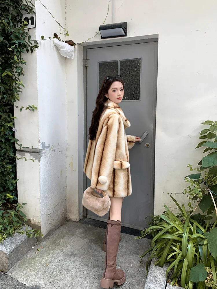 Mink Fur Coat for Women Long Eco Faux Fur Coat Korean Loose Thick Stripe Fluffy Jacket Female Overcoat Winter Clothes 2023