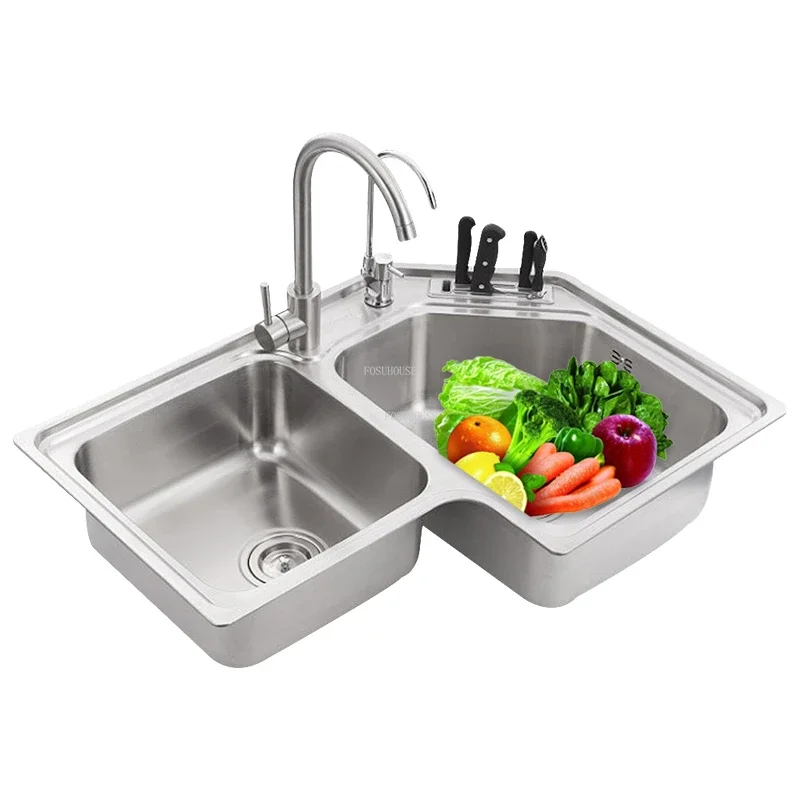 Modern Stainless Steel Corner Kitchen Sinks Home Kitchen Accessories Double Slot Washing Basin Balcony sliver Brushed Sinks X