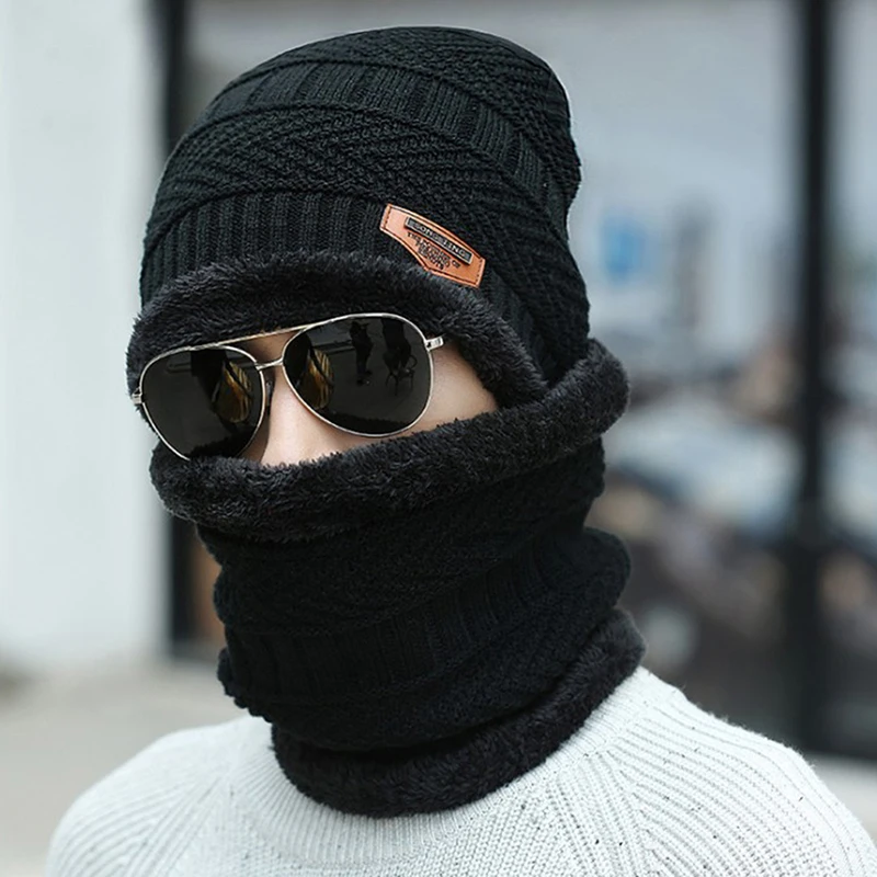 Winter Beanie Hat Men Knitted Hat Winter Cap Beanie Children Thick Wool Neck Scarf Cap Balaclava Mask Bonnet Hats Set