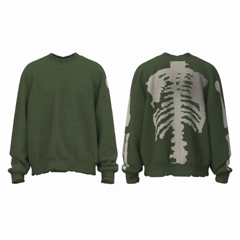 

23SS Vintage Loose KAPITAL Skeleton Bone Sweater Men Woman 1:1 High Quality Crewneck Vintage Green Sweatshirts Goth