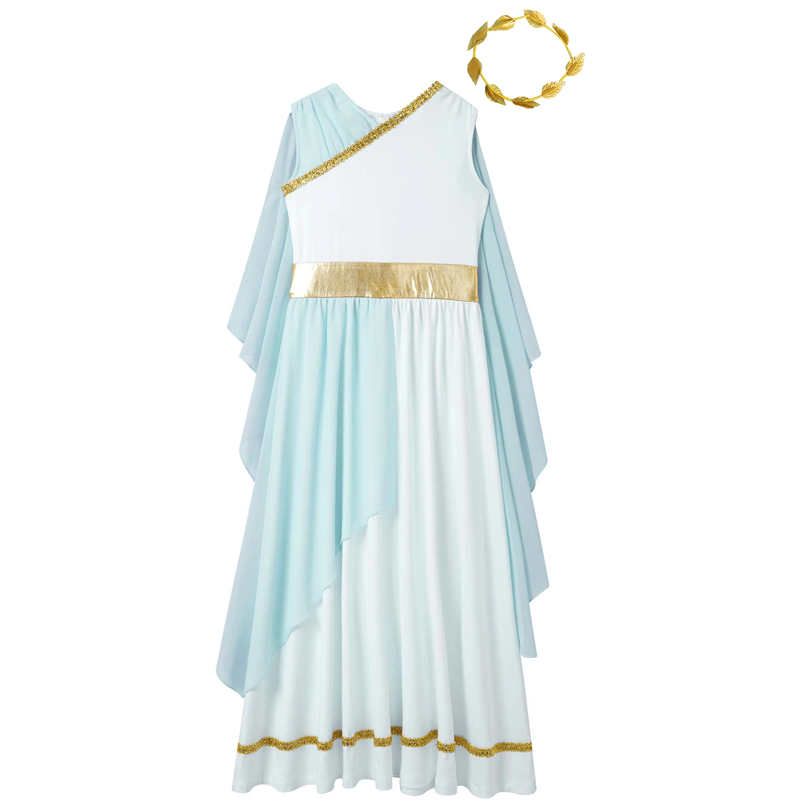 Girls Ancient Greek Toga Grecian Flowy Gown Dress with Headwear