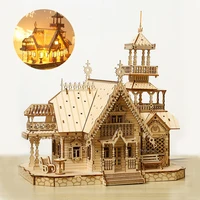 DIY Villa 3D Wooden Model Kit with Light Castle Puzzles Assembly Toy Kid Adult DIY Model Kits Desk Decoration for Gift 1
