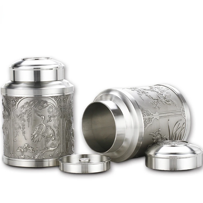 

Чайный горшок из чистого олова, емкость для хранения чая, средняя Жестяная Банка, чайный набор, металлическая банка с резными цветами сливы, орхидеи, бамбук и хризантемы