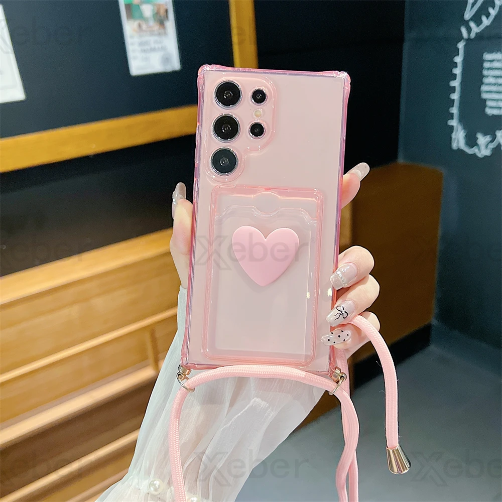 Elegant Crossbody Necklace Strap with Love Heart Card Holder Wallet Case