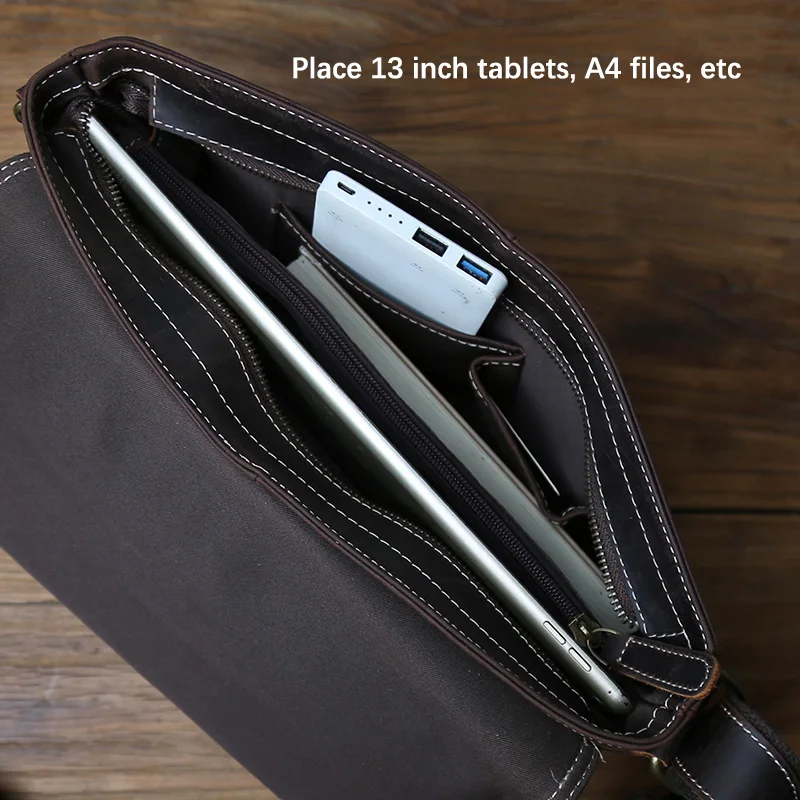 NZPJ Retro Genuine LeatherMen's Shoulder Bag Top Layer Cowhide Brown Handmade Crazy Horse Leather A4 File Messenger Bag for Men