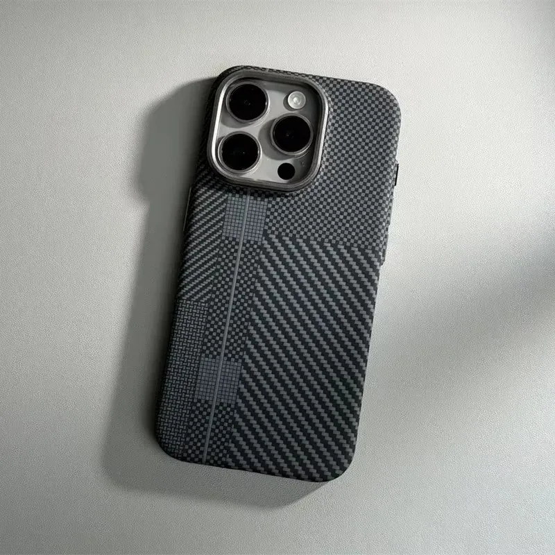Carbon Fiber Geometric MagSafe Case with Magnetic Charging and Camera Alloy Armor