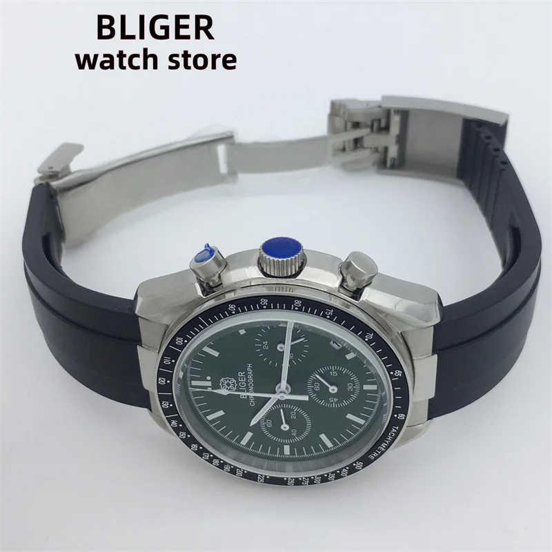 BLIGER 40mm Fashion quartz chronograph Men's watch Sapphire Glass VK63 Movement Calendar Green White black dial rubber bracelet