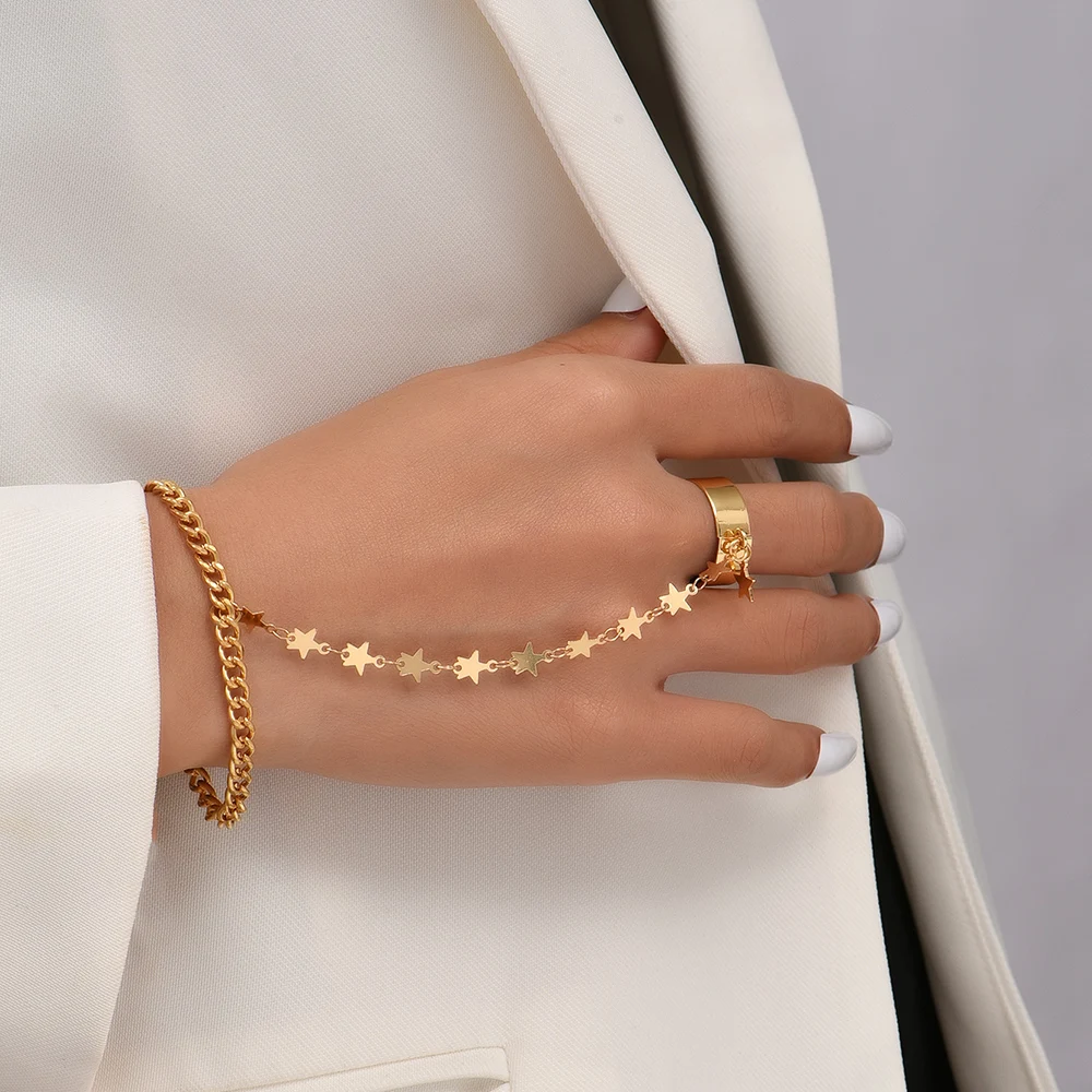 Elegant Gold-Plated Dainty Hand Chain Bracelet with Ring - Handmade Link Jewelry
