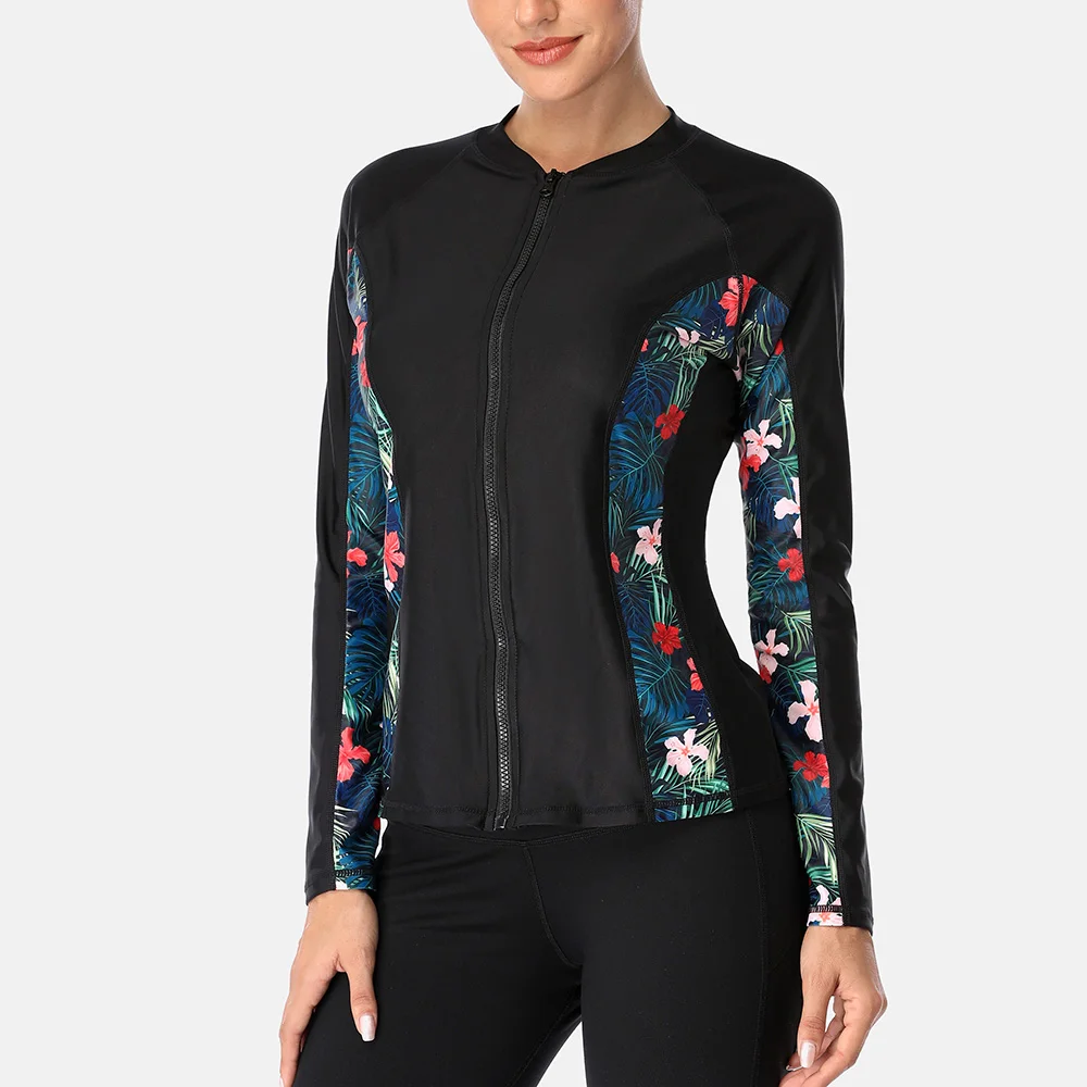 Women Rash Guard Surfing Swimsuit Floral Print Long Sleeve Zipper