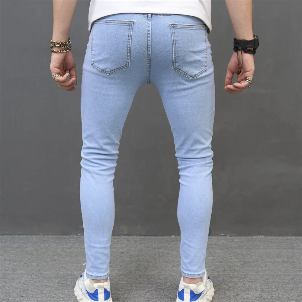 2023 New Fashion Jeans Men's Light Blue Patch Slim Fit Small Foot Jeans Cotton Denim