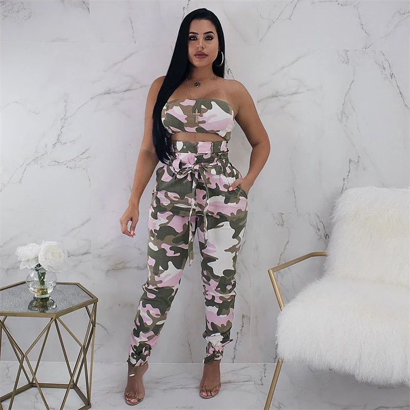 

Ladies Pink Camouflage Sleeveless Tube Top T-shirt & High Waist Pencil Pants Spring And Summer Outdoor Fashion Temperament Pants