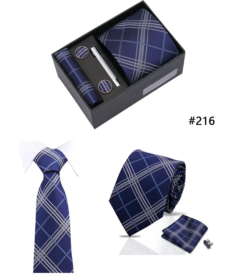 Top Quality Tie Set Gift Box Necktie Pocket Squares Cufflinks Tie-Clip Set With Black Box Men Birthday Gift Gravatas Accessories