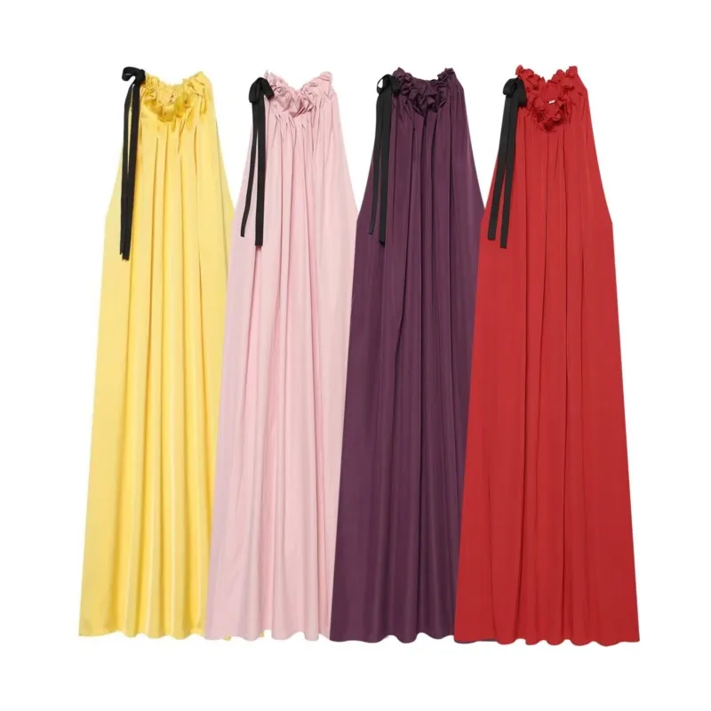 HipSeam Women's Satin Halter Midi Dress New 2026 Summer Fashion Women Sleeveless Long Dress Female Chic Pleated Dresses