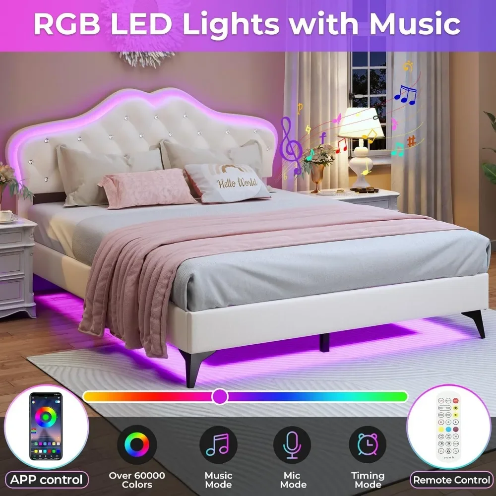 Full Size Bed Frame with LED Lights, Adjustable Headboard, Crystal Button, Solid Wood Slats Support, Princess Platform Bed Frame 3