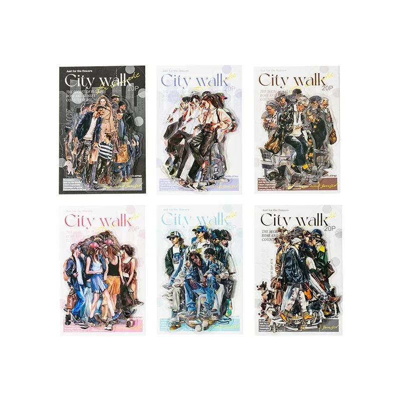 20 개/갑 시티 워크 시리즈 6 유럽 빈티지 오리지널 캐릭터 PET 스티커 저널베이스 레이어 153*85mm