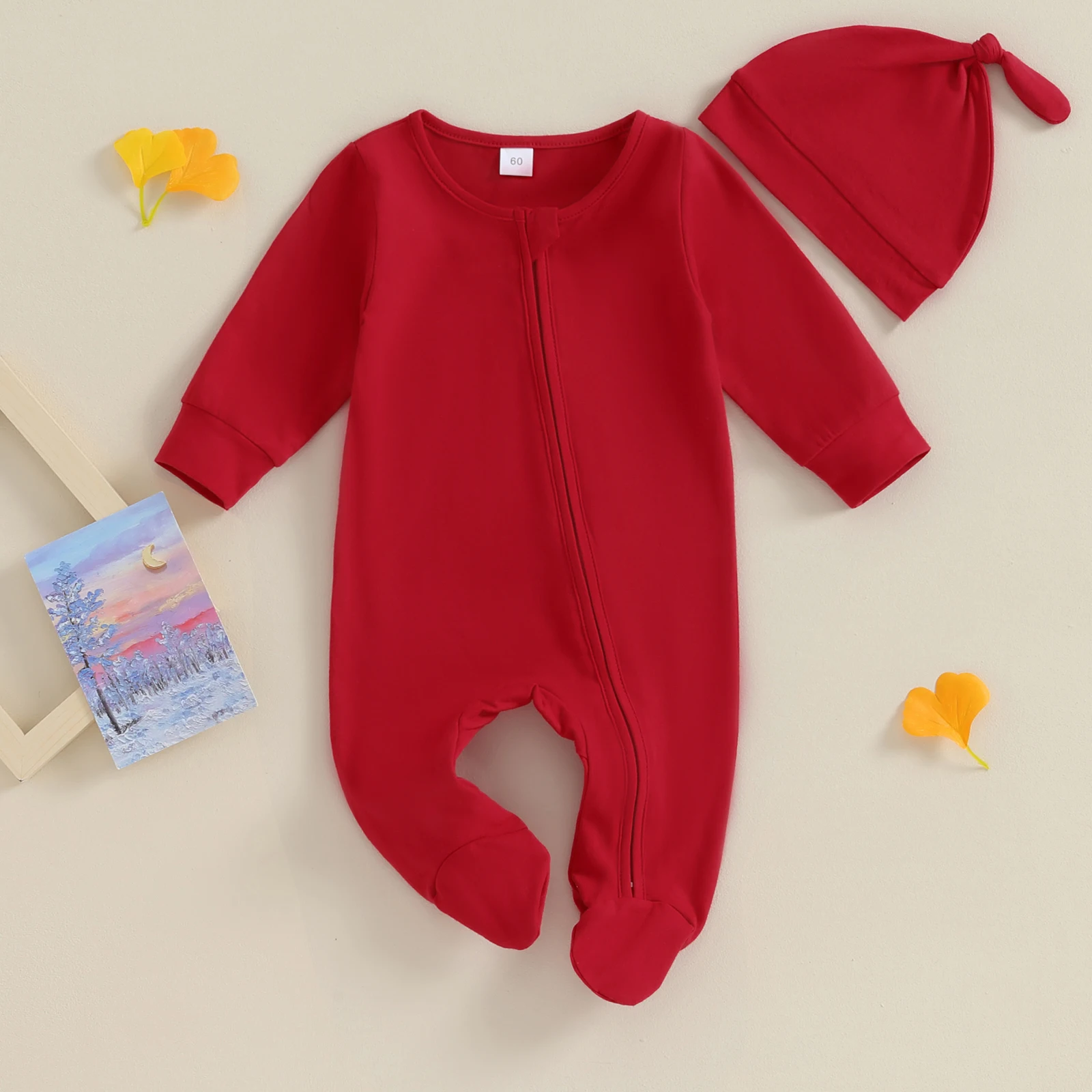 Citgeett Autumn Newborn Baby Girls Boys Footies Rompers Clothes Solid Color Long Sleeve Zipper Fall Clothes Hat