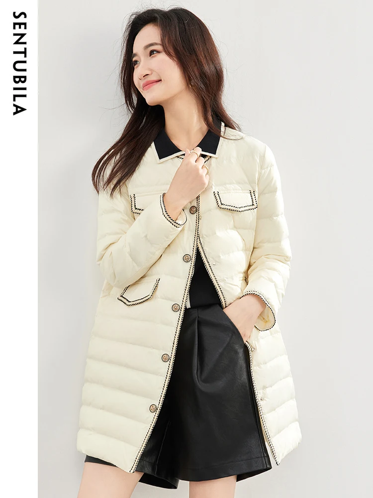

SENTUBILA Women's Crew Neck Mid Length Down Jacket 2023 Winter White Duck Down Coat Windproof Warm Puffer Jackets Top W34Y49573