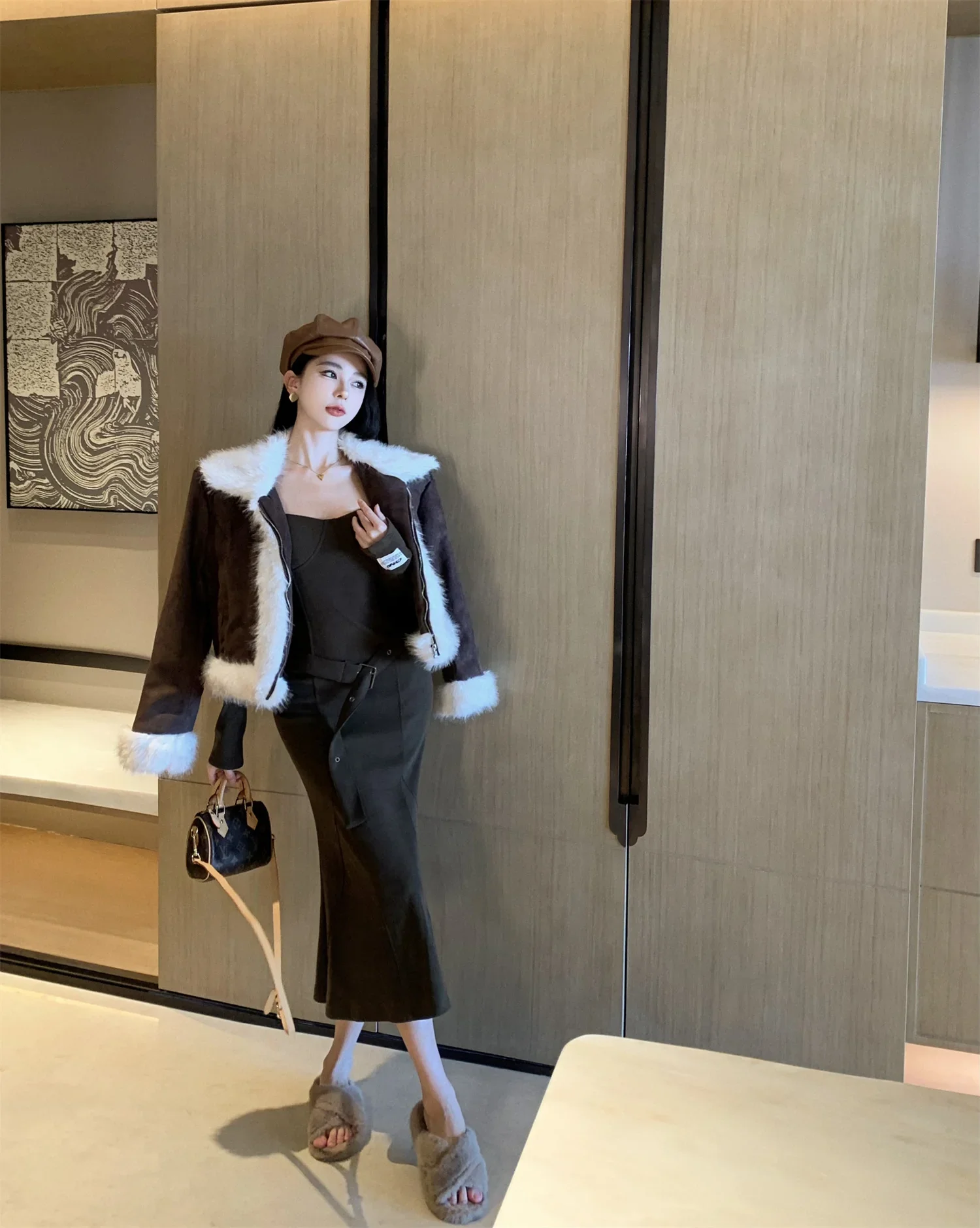 Korean Style Winter Female Jacket Vintage Fuzzy Fur Turn-down Collar Long Sleeve Zipper Fly Women's Coats Youmg Lady Outerwear