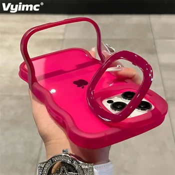 2IN1 Folding Stand Wave Clear Phone Case For iPhone 16 15 14 Plus 11 12 13 Pro Max Fashion 3D Curly Shockproof Protective Cover 1