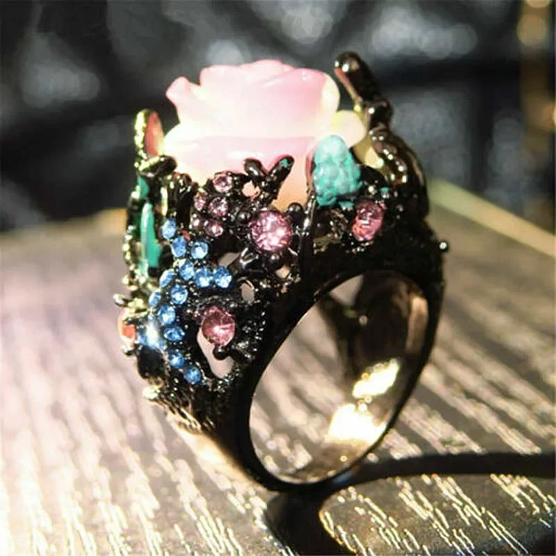 Tungsten Ring Milangirl Fashion Vintage Peony Flower Tree Vine Lizard Resin Crystal Alloy