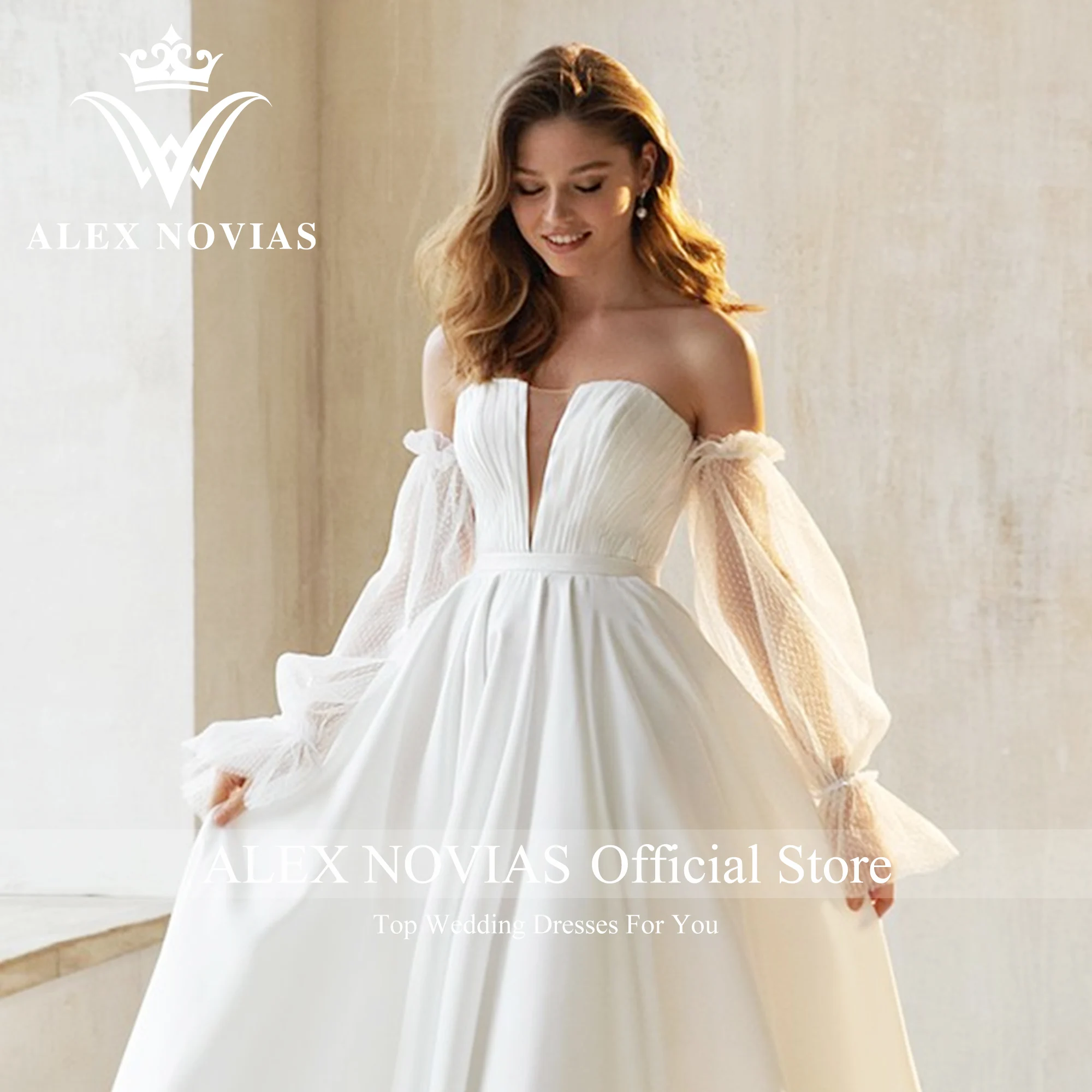 ALEX NOVIAS A-Line Satin Wedding Dress 2023 Strapless Puff Long Sleeve Backless Court Train Wedding Gown Vestido Novias De Saten