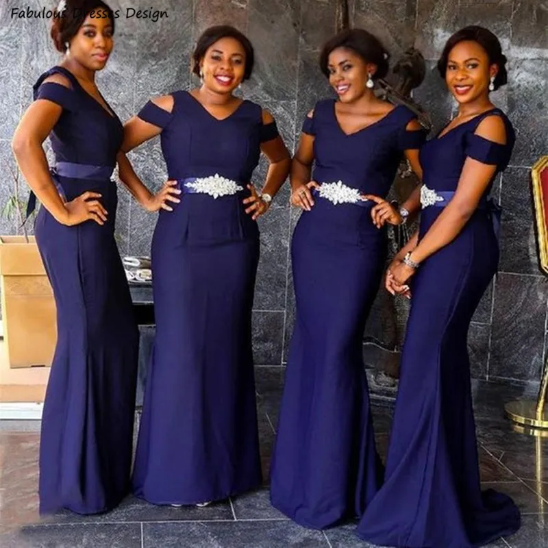 

Formal Long Mermaid Bridesmaid Dresses Navy Blue Applique Lace Belt V-neck Trumpet Wedding Guest Dress Party Women Maid Of Honor