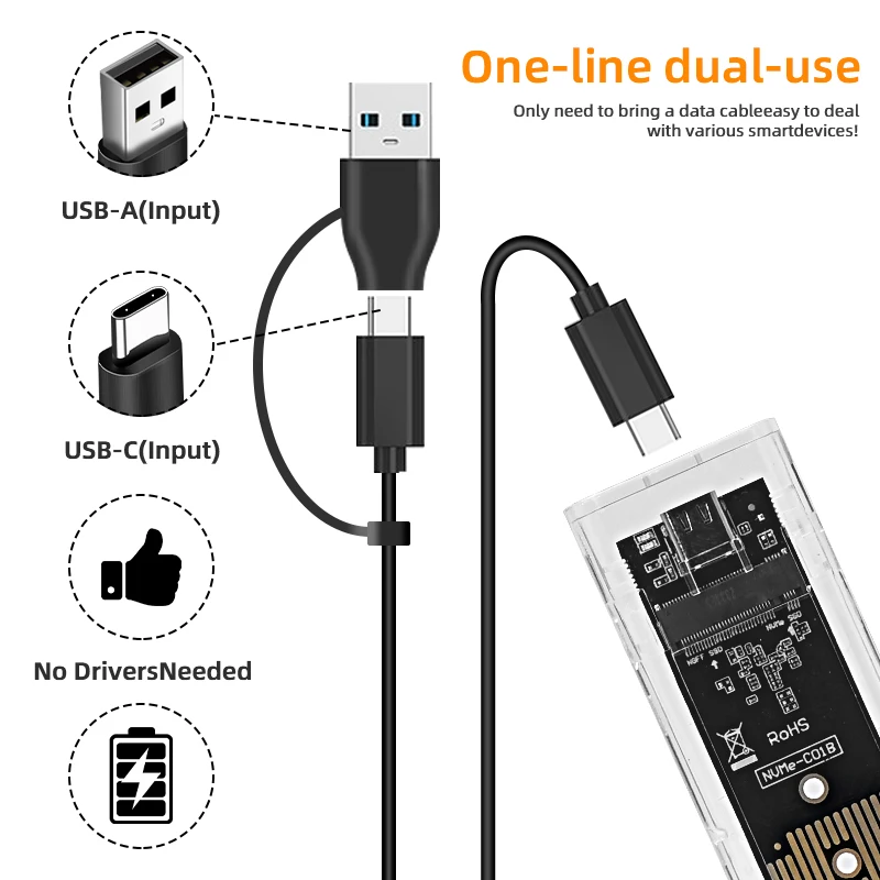 SSD Enclosure M.2 NVME PCIe NGFF SATA Dual Protocol SSD Case Clear USB Type C 10Gbps PCI-E M2 SSD Transparent External Enclosure Hard Disk Box