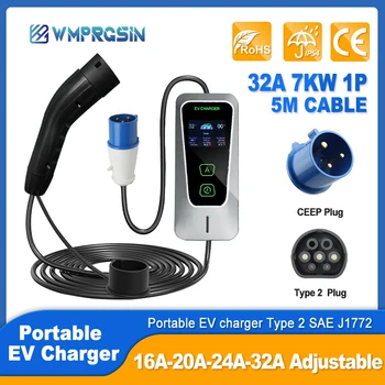 유럽 표준 EV 충전기 블랙 충전 월박스 디스플레이 스크린, 32A 블루 플러그, 1P 충전 케이블 어댑터, 타입 2 EVSE 충전기