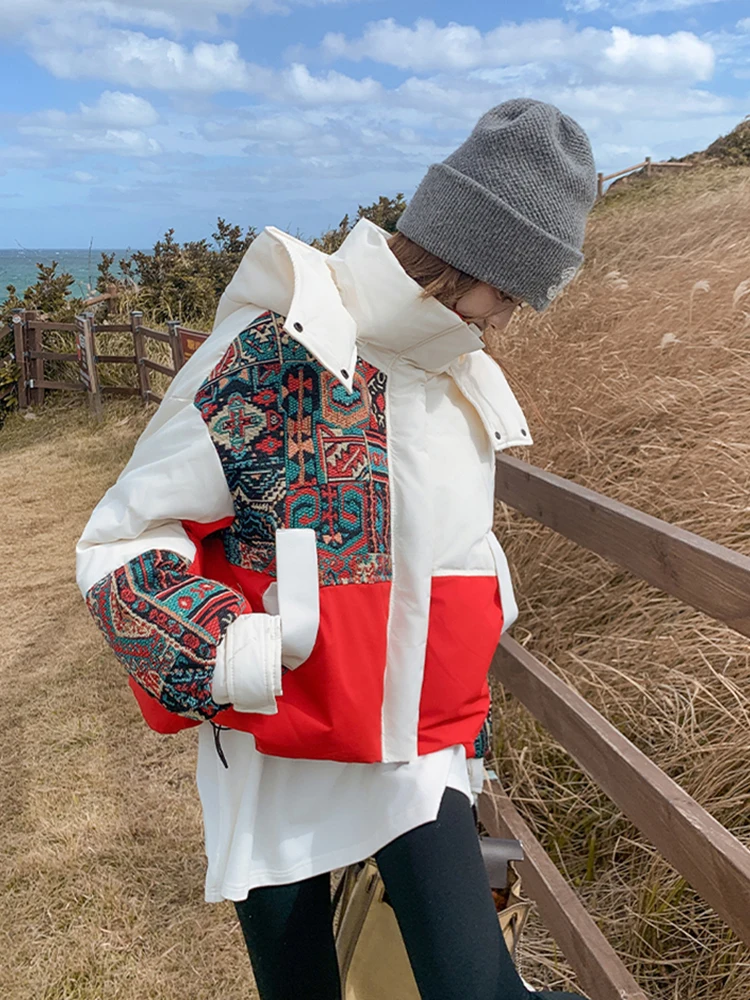 Winter Embroidery Hooded Patchwork Down Jacket Women White Duck Down Warm Jackets Female Thick Quilted Short Parka Outwears Coat