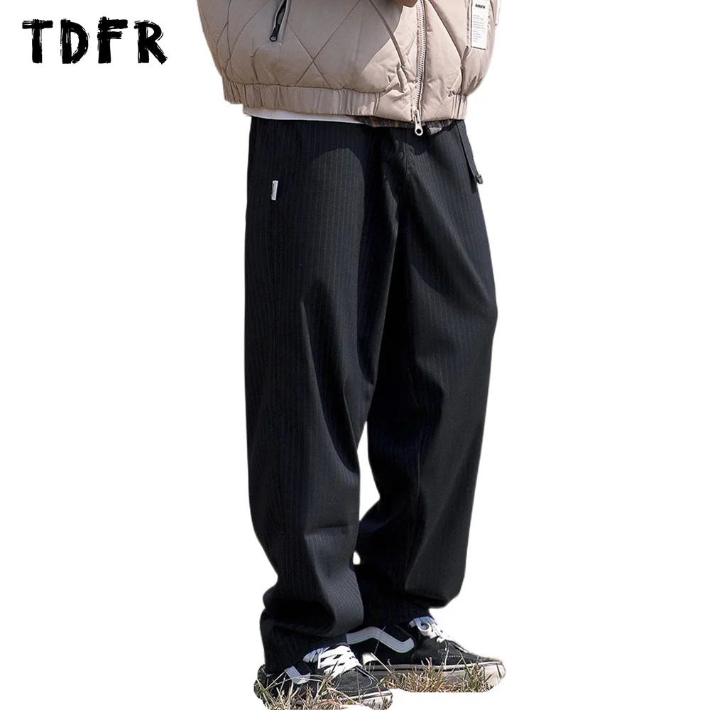 

Vertical Stripes Suit Pants Mens Retro Autumn Winter Casual Loose Straight Belt Pants Men Trousers