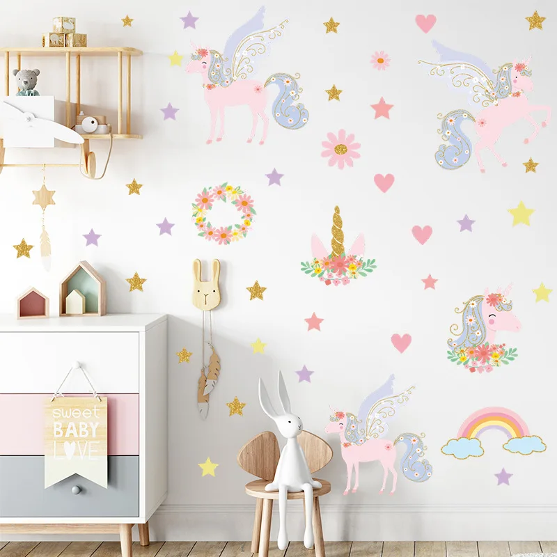 Cartoon Unicorn Flower Star Wall Stickers for Kids Room PVC Wall Decal Nursery Children's Bedroom Wardrobe Decoration Home Decor