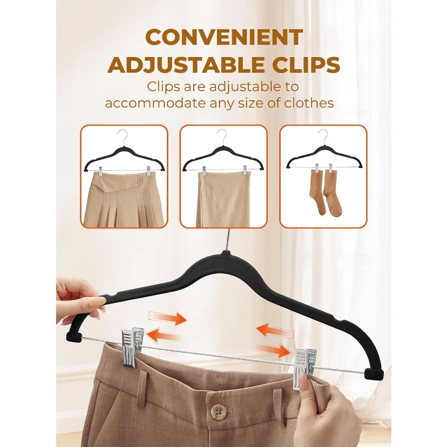 12 Pack Black Velvet Skirt Hangers with Adjustable Clips for Space Saving Storage Slim Design Non Slip Hanger Ideal for Pants S