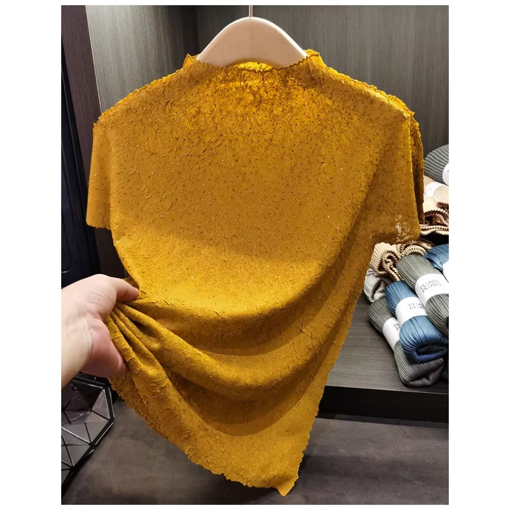 

Vintage Miyake Summer Solid Short Sleeve T-shirt Undershirt Office Ladies Casual Women's T-shirt Fashion Stand Collar Clothing
