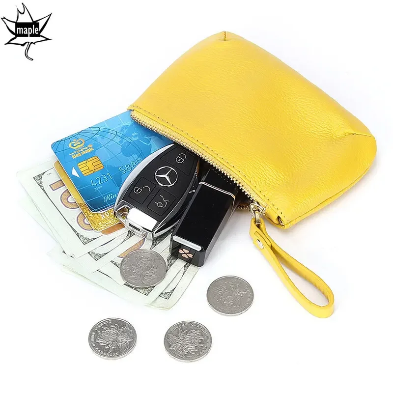 Yellow One Zip Short Wallets Mini Card Cash Holder 100% Natural Cowhide Leather Women Wallet Clutch Coin Purse Small Pouch