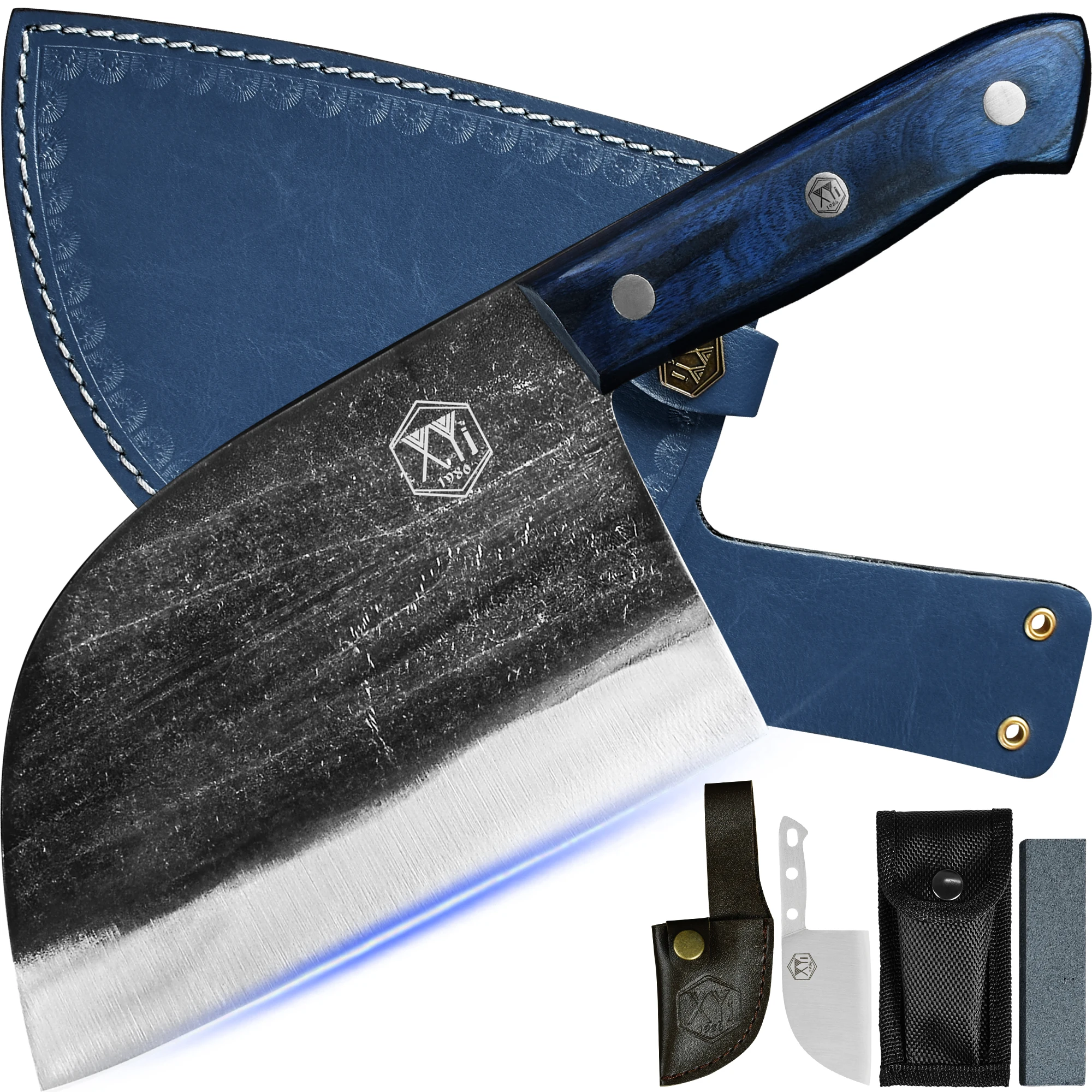 

XYj 6.7 Inch Chinese Butcher Knives Serbian Chef Knife With Sheath Pocket Knife Camping Kitchen Knives Cleaver Full Tang Handle