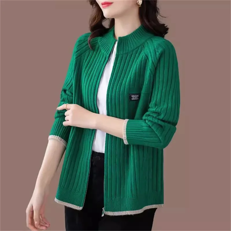 Knitted Cardigan Women's Jacket 2024 Spring And Autumn New Outerwear Loose And Stylish Long Sleeved Casual Zipper Sweater Green