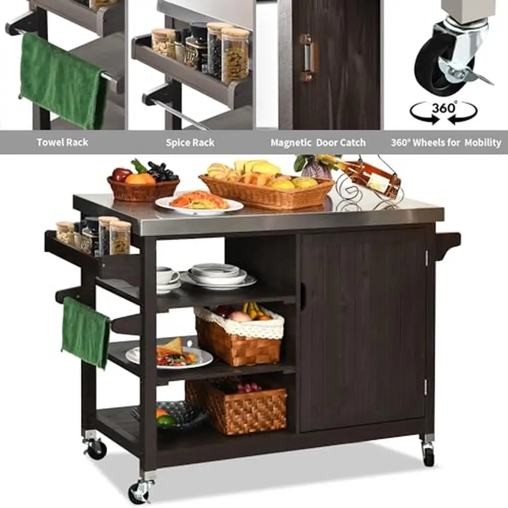 XL Outdoor Storage Kitchen Bar Table Spice Rack Wheels & Handle Solid Wood Cabinet Adjustable Shelf & Multi-Functional Storage Rack Kitchen Storage Cart