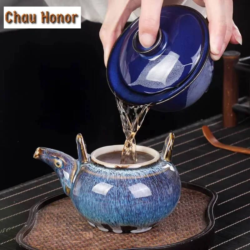 175ml Handmade Kiln Change Tianmu Glaze Sapphire Gaiwan Zen Tea Tureen Tea Bowl With Lid Kit Tea Maker Cover Bowl Tea Collection