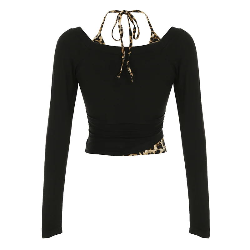 Y2K Contrast Leopard Print Crop Top Chic Long Sleeve Halter Sexy O-neck T-shirt Korean Fitted Tee Autumn Streetwear