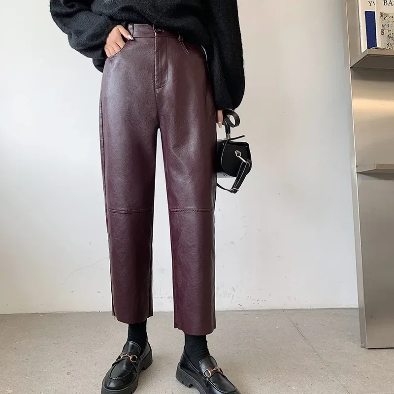 

Burgundy Leather Pants Women Wide Leg Trousers Korean Style Y2k Fashion Loose Pants High Waisted Black Pu Baggy Pants