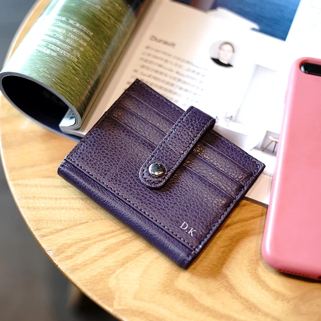 Purple Leather Card Wallet for Women, Small Personalized Credit