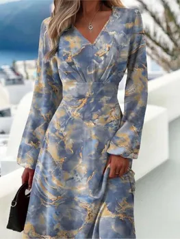 Primavera autunno nuove donne Slim Fit vestito stampato alla moda con maniche svasate vestito Sexy a maniche lunghe con scollo a v per le donne 1