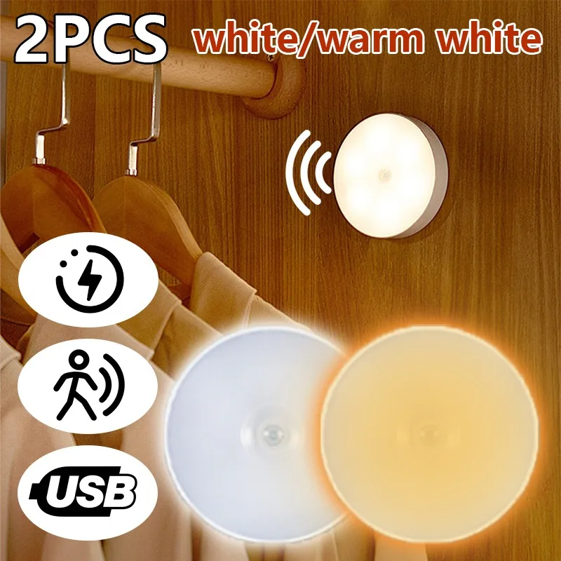 

2pcs PIR Motion Sensor LED Night Light USB Rechargeable Night Lamp For Kitchen Cabinet Wardrobe Lamp Staircase Wireless Light