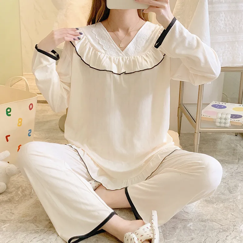 Spring and autumn pajamas women's suit milk silk jacquard Korean version lace V-neck pullover sweet princess style home clothes