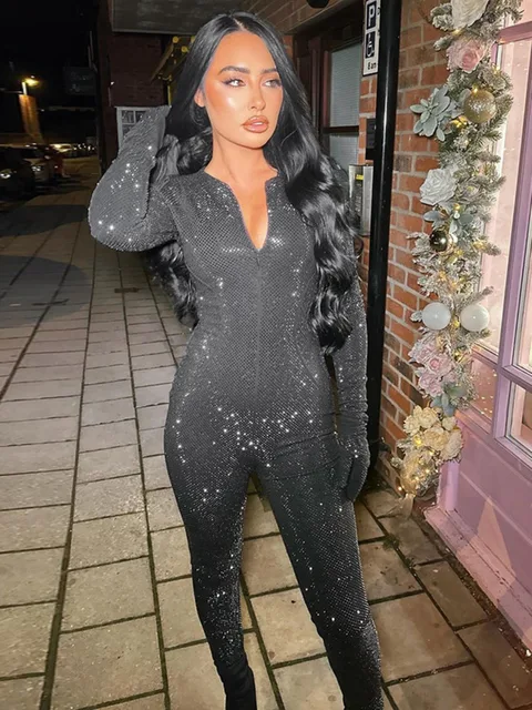 Mozision Glitter Long Sleeve Sexy Jumpsuits Women Rompers Black V Neck Zipper Sparkle Jumpsuits Female Club Skinny Jumpsuit 1