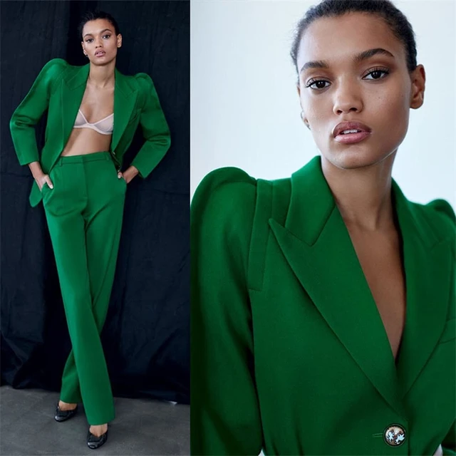 Fashion Green Women Suits Set Custom Made 2 Pcs Lantern Sleeves  Blazer+Pants Formal Sexy Peaked Lapel Office Lady Prom Dress - AliExpress